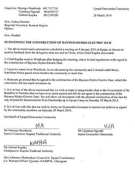 Himba Protest Letter 26 March 2014, explaining that they continue to object to dam construction and their objection to bribery attempts by the government of Namibia with the goal to get Himba Chief Kapika to sign a consent document to the dam.