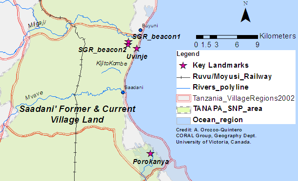 Figure 5. Extent of Saadani’s village lands before the SGR and the SNP were established, and extent of land (white) left after the creation of the SNP in 2005. Village lands spatial layer: http://www.tzgisug.org/wp/