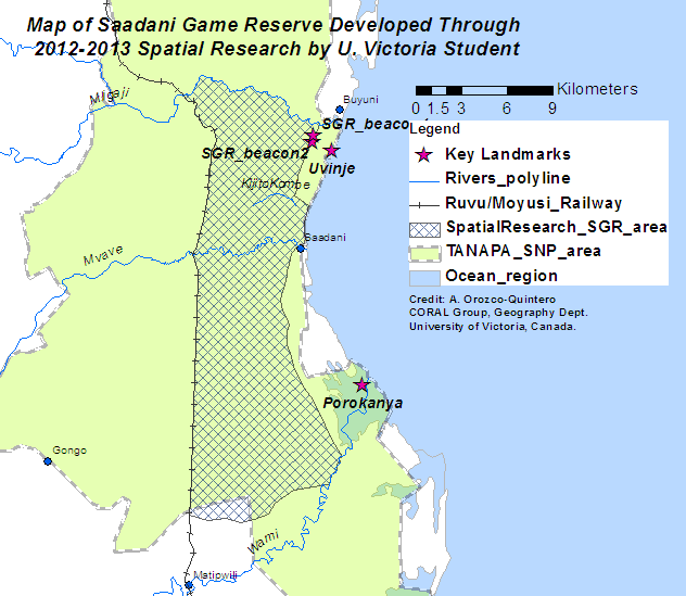 Figure 2. Map of the SGR based on the official 1974 reserve gazette and 2 boundary beacons demarcating the original reserve boundary. 2013 Research, University of Victoria.