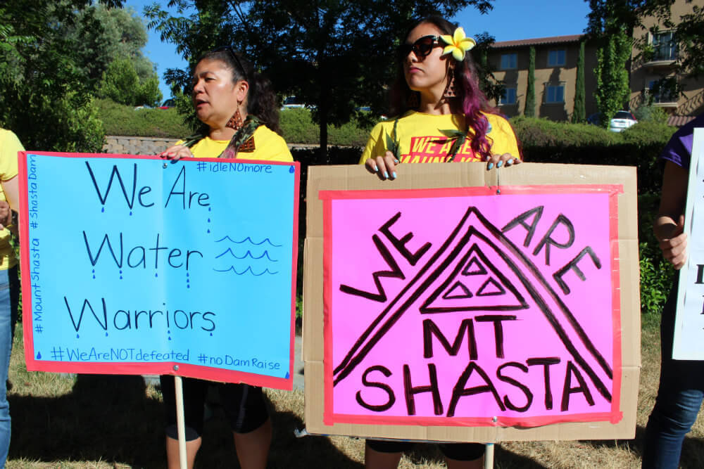 Native Hawaiian activists drew the connection between the federal plan to raise Shasta Dam and the plan build the Thirty Meter Telescope on sacred Mauna Kea in Hawaii. Photo by Dan Bacher