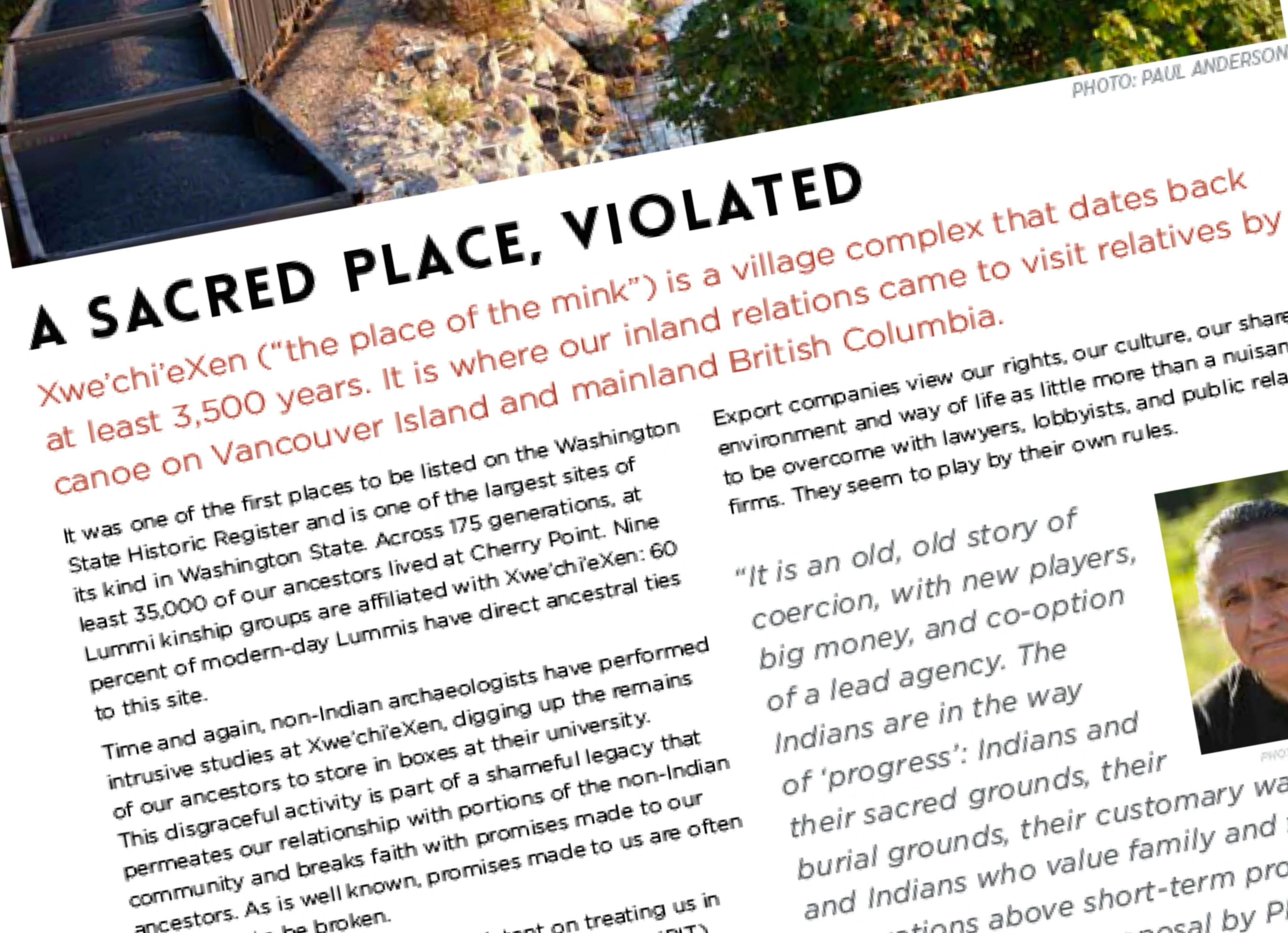 Page excerpt from “Protecting Treaty Rights, Sacred Places, and Lifeways: Coal vs. Communites,” presented by Jewell James, Lummi Tribal Member and Head Carver, Lummi Tribe’s House of Tears Carvers