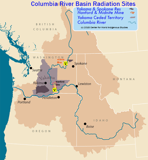 Figure 1 Columbia River Basin illustrating relationship of Yakama and Spokane Reserved lands and Yakama ceded territory to nuclear radiation sites